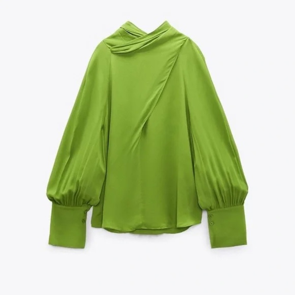 Zara | Green Flowy Satin Drape Long Sleeve Blouse